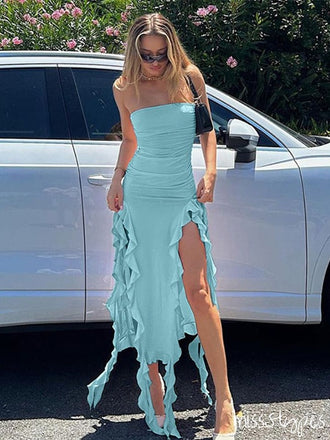 Unique Mismatched Mint-Blue Strapless Long High Slit Prom Dresses,ZX39