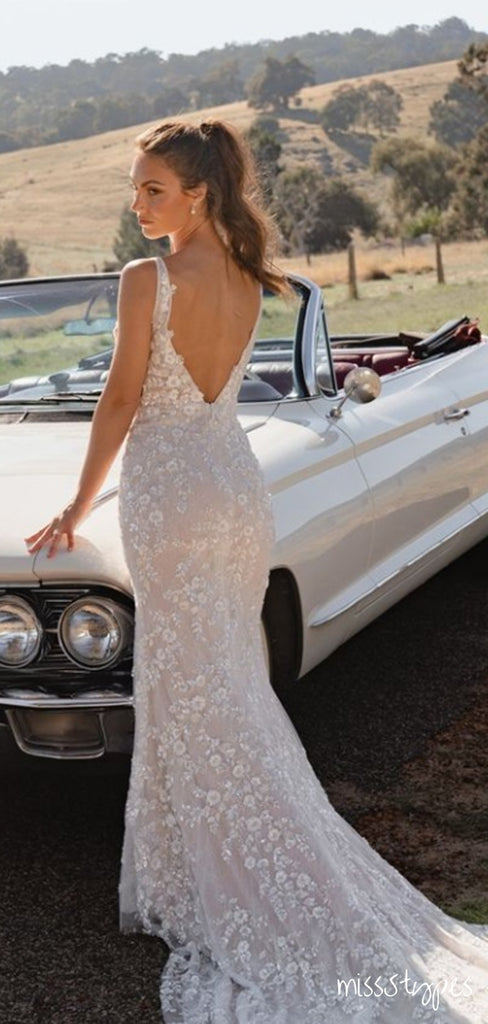 Elegant White Backless Mermaid V-Neck Spaghetti Strap Appliqued Long Wedding Dresses HS16