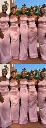 Pearl Pink One Shoulder Appliqued Cozy Mermaid Long Bridesmaid Dresses Online, BL130