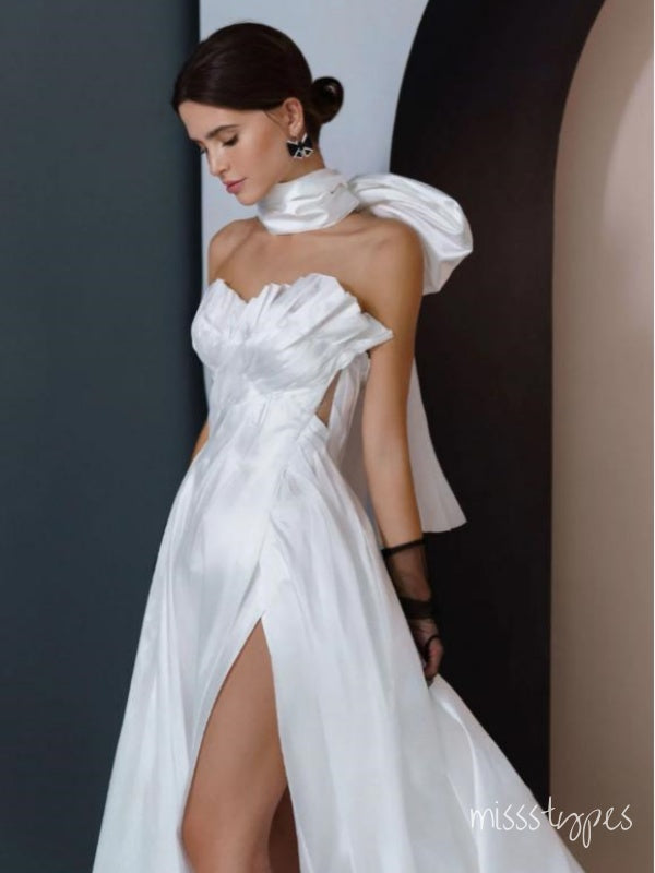 Soft Satin White Sweetheart Side Slit Empire Fashion Wedding Dresses,HS83