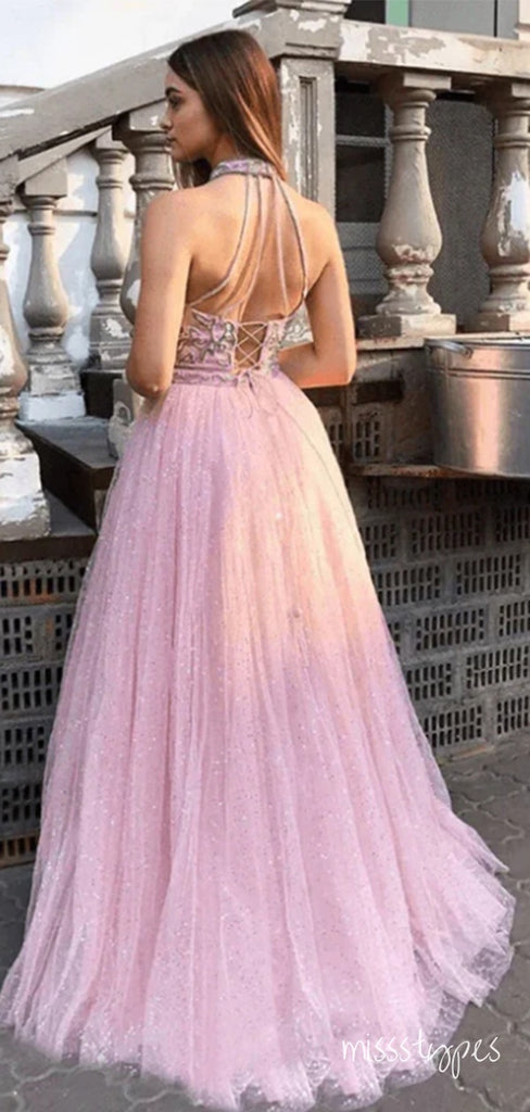 Pink Halter Appliqued A-Line Tulle Sparkly Long Popular Prom Dresses,ZX122