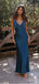 Elegant V-Neck Regency Blue Soft Satin Long Evening Prom Evening Dress,ZX208