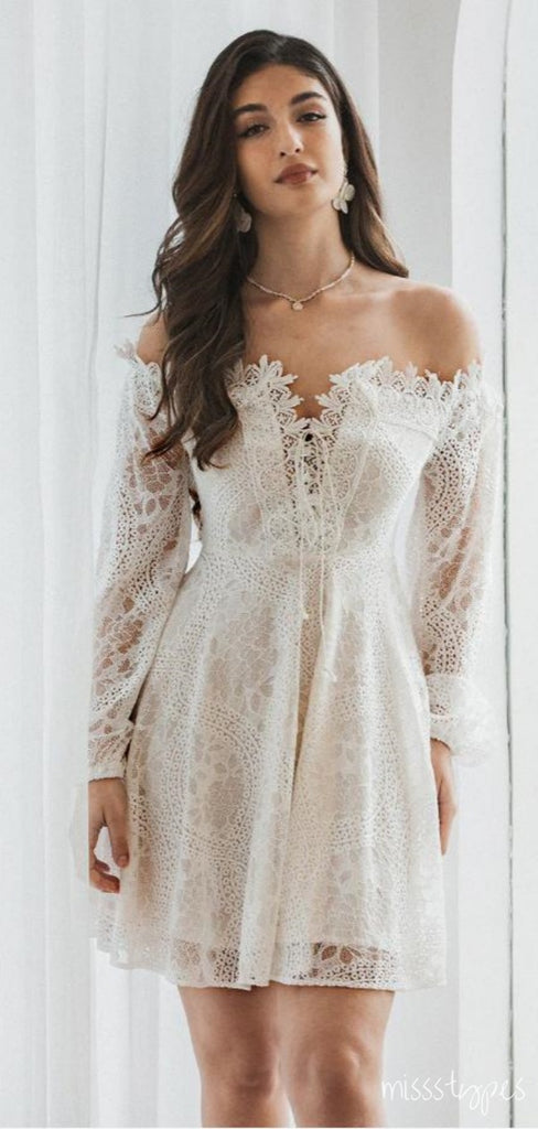 Classic Off Shoulder Lace White Mini Homecoming Dresses, HM85