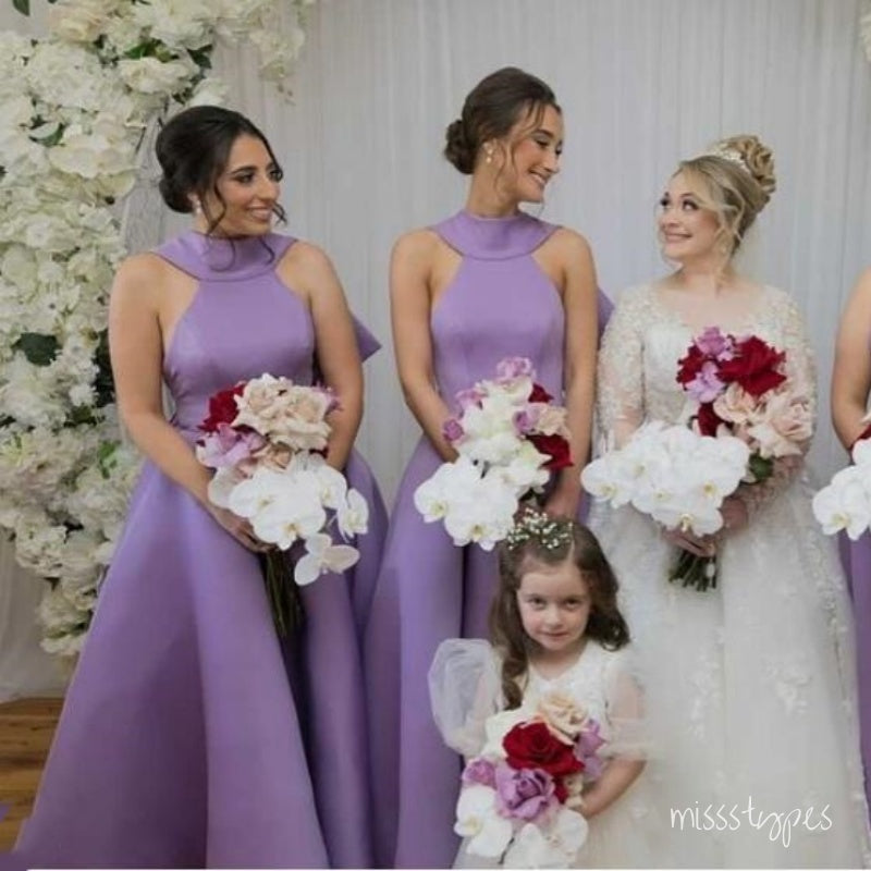 Purple Halter A-Line Women Simple Floor-Length Bridesmaid Dresses Online, BL52