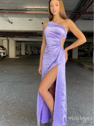 Vintage Lilac Side Slit One Shoulder Long Prom Evening Dress,ZX330