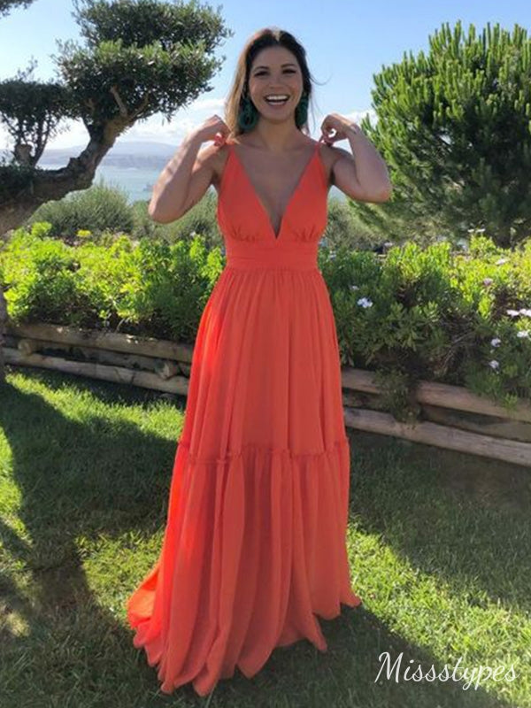 Sexy Orange A-line V-neck Maxi Long Prom Dress Ideas, Evening Party Dresses,ZX480