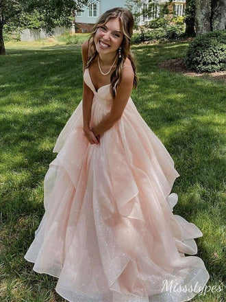 Sparkly A-line Spaghetti Straps V-neck Maxi Long Prom Evening Party Dresses,ZX415
