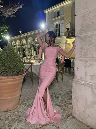 Sexy Pink Mermaid Off Shoulder Long Prom Dress Ideas, Evening Party Dresses,ZX460
