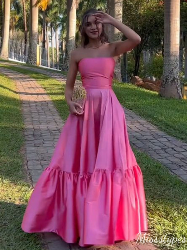 Pretty Pink A-line Strapless Maxi Long Prom Evening Party Women Dresses ,ZX387