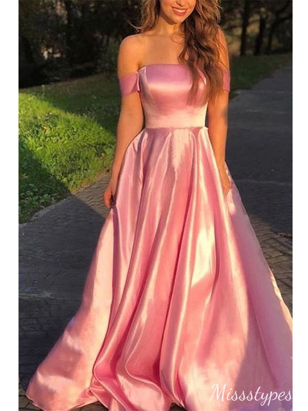 Pretty Pink A-line Off Shoulder Maxi Long Prom Evening Party Dresses,ZX408