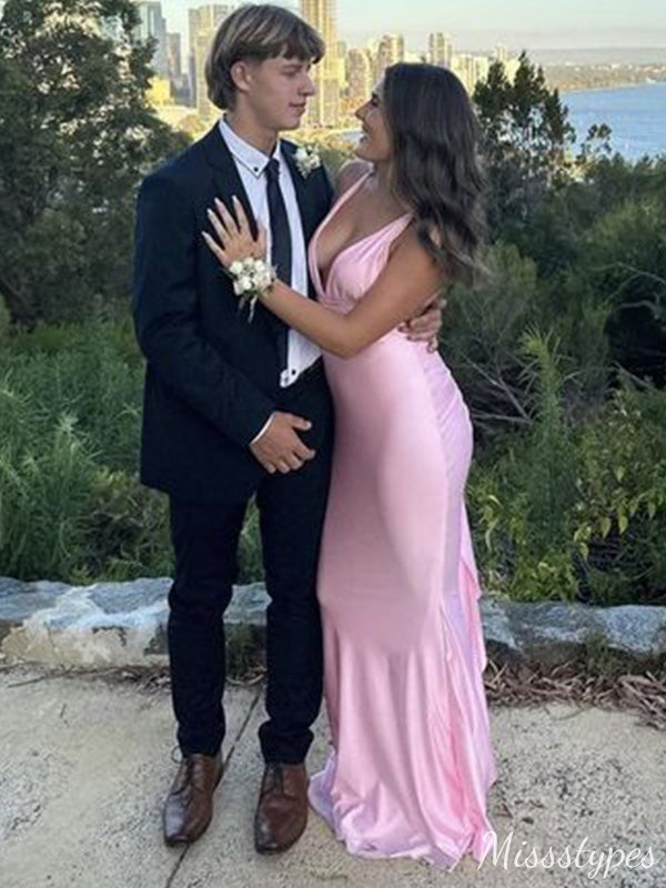 Sexy Pink Mermaid V-neck Maxi Long Prom Dress Ideas, Evening Party Dresses,ZX489