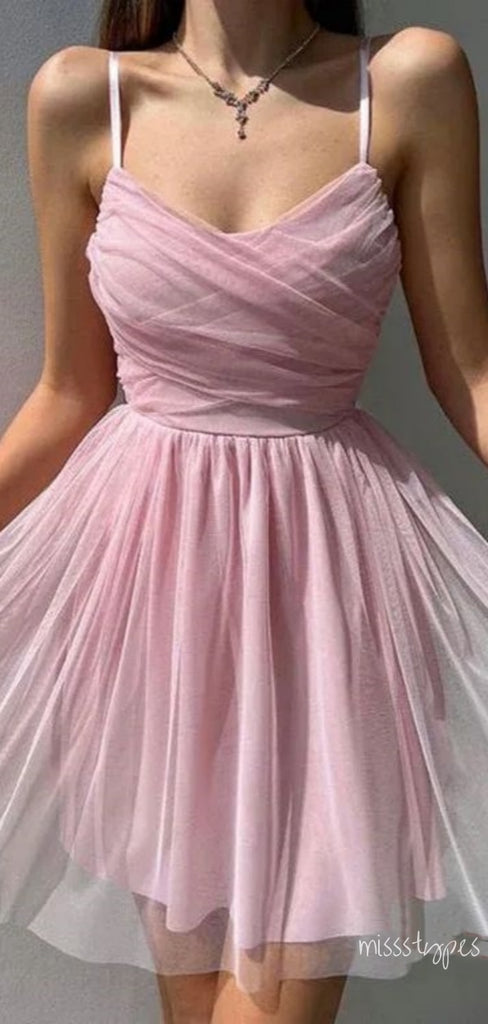 Simple Pink A-line Spaghetti Straps Short Prom Homecoming Dresses, HM93