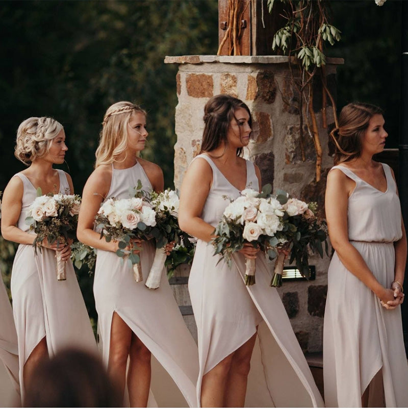 Women White Mismatched Spaghetti Strap/Halter Side Slit Long Bridesmaid Dresses Online, BL04