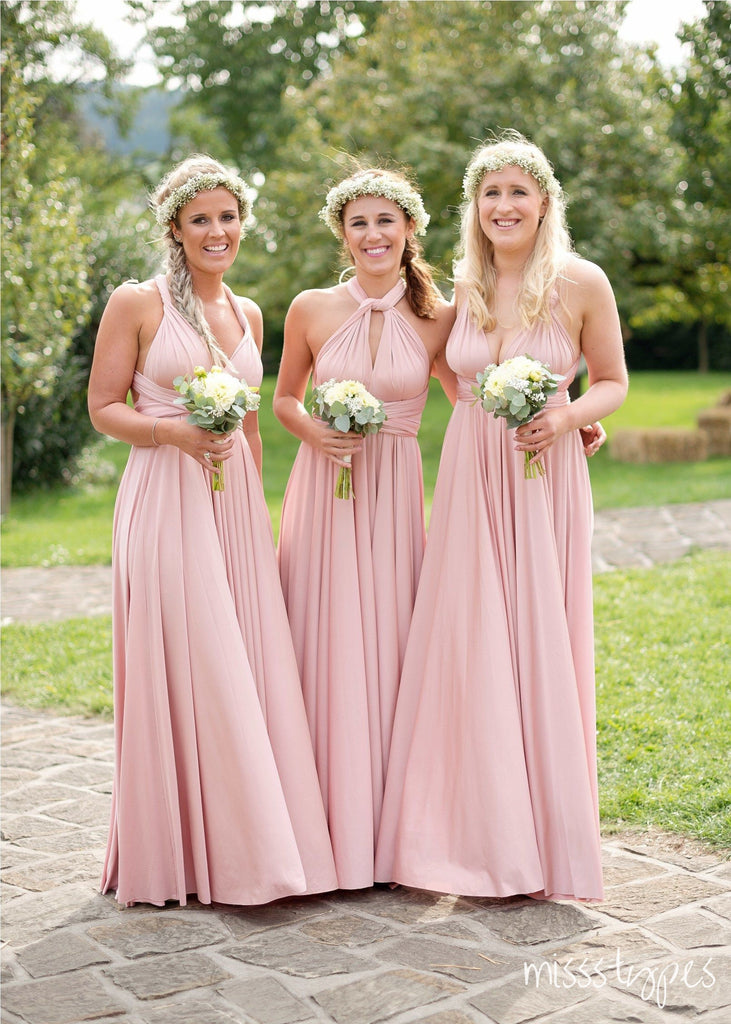 Elegant Mismatched Blushing-Pink Soft A-Line Long Bridesmaid Dresses Online, BL33