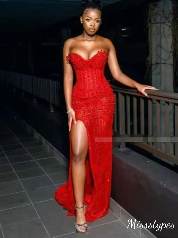 Sexy Red Mermaid Side Slit Sweetheart Long Prom Dress Ideas, Evening Party Dresses,ZX452