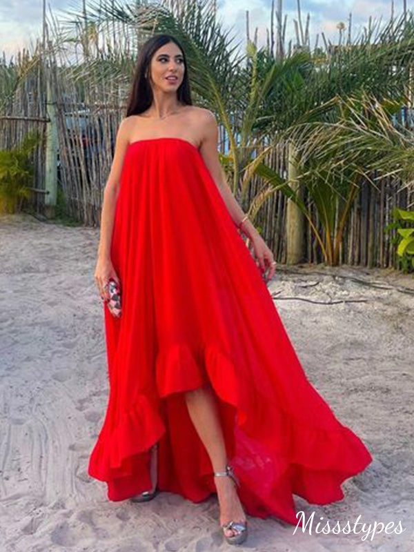 Sexy Red A-line Strapless Long Prom Dress Ideas, Evening Party Dresses,ZX463