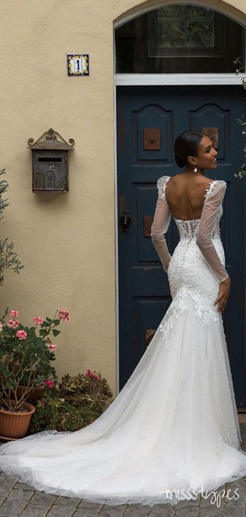 Sexy White Strapless Tulle Appliqued Mermaid Floor-Length Elegant Wedding Dresses HS19