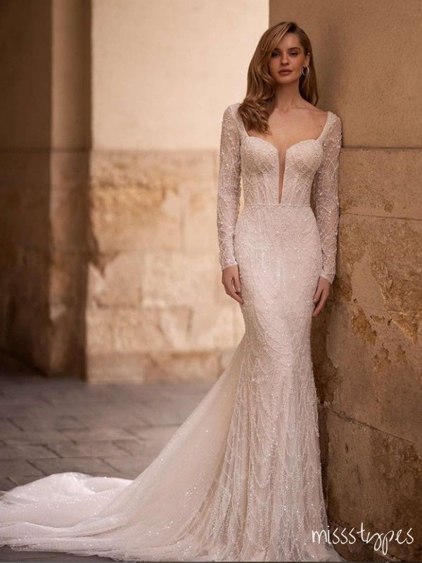 Sexy White Side Slit Appliqued Mermaid V-Neck Floor-Length Elegant Wedding Dresses HS20