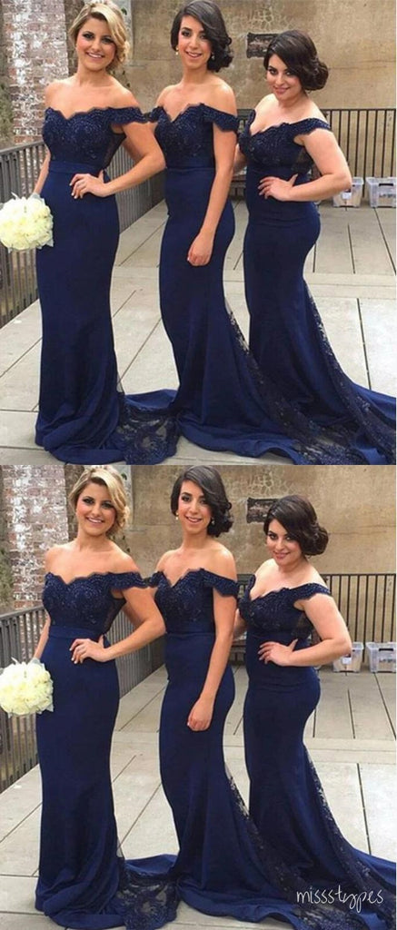 Navy Blue Mermaid Off Shoulder Sexy With Trailing Women Bridesmaid Dresses Online, BL109