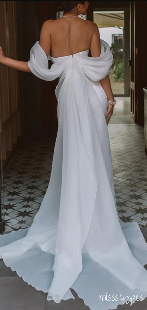 White Women Unique Off Shoulder Sweetheart Backless Long A-Line Wedding Dresses HS62