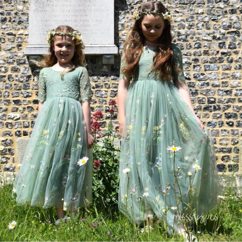 Elegant Green Full Sleeve Appliqued Tulle A-Line Princess Cute Little Flower Girl Dresses, ET63