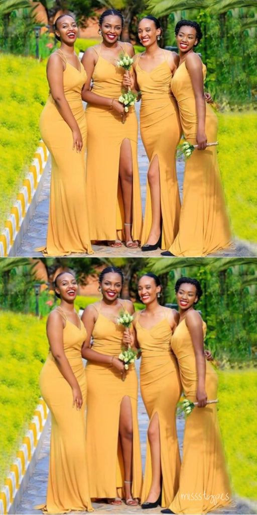 New Arrival Sexy Yellow Side Slit Spaghetti Strap Mermaid Women Floor-Length Bridesmaid Dresses Online, BL160