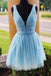 Beautiful Blue V-Neck Beading Backless Spaghetti Strap Mini New Arrival Homecoming Dresses,HM118