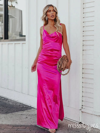 Beautiful Women Hot-Pink Satin Spaghetti Strap Long Mermaid Prom Dresses,ZX52