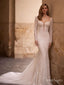 Sexy White Full Sleeve Appliqued Mermaid V-Neck Floor-Length Elegant Wedding Dresses HS21