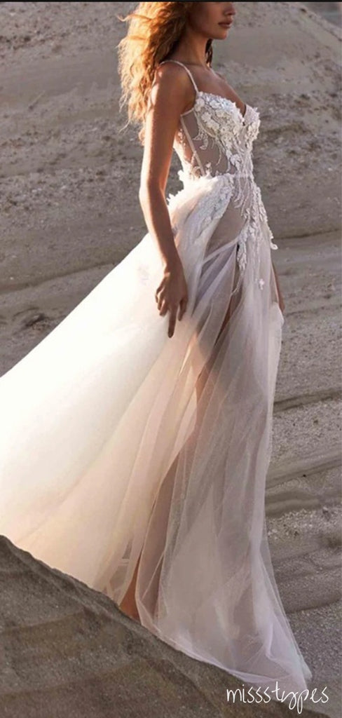 Sexy One Shoulder Appliqued Spaghetti Strap Empire Side Slit A-Line Wedding Dresses HS60