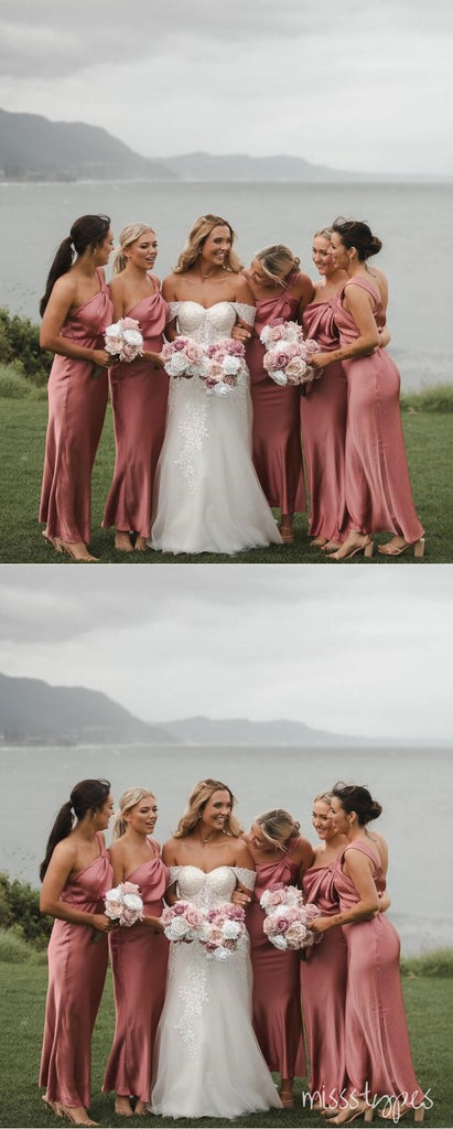 Blushing Pink Simple One Shoulder Satin Mermaid Women Floor-Length Bridesmaid Dresses Online, BL168