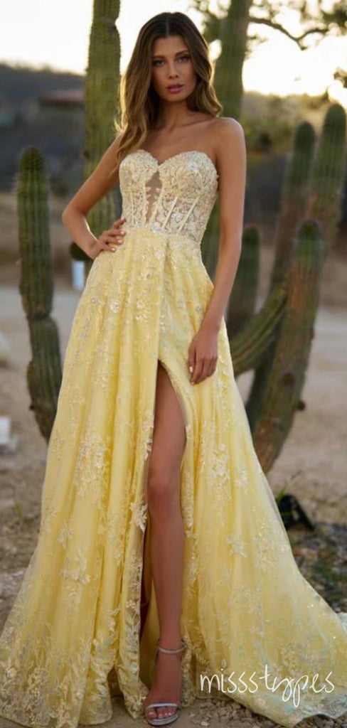 Pretty Lemon Strapless Side Slit Tulle Appliqued Floor-Length Long Prom Evening Dress,ZX353