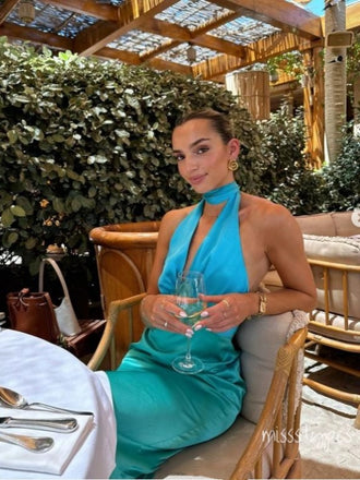 Soft Blue&Green Halter Mismatched Backless Lady Sexy Long Evening Prom Evening Dress,ZX211