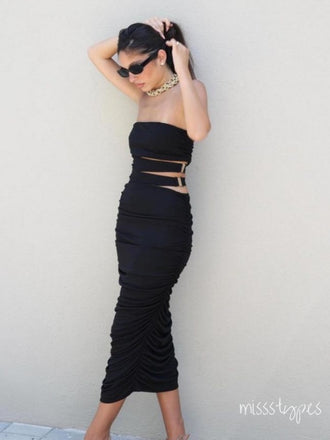 Unique Black Women Mermaid Strapless Tea-Length Long Prom Evening Dress,ZX337