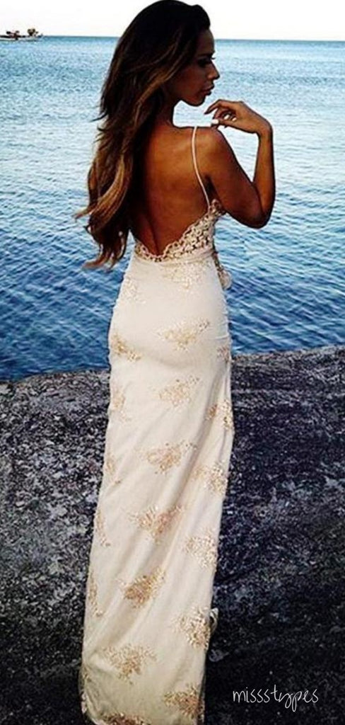 Backless Cozy Spaghetti Strap Appliqued Side Slit Long Evening Prom Evening Dress,ZX223