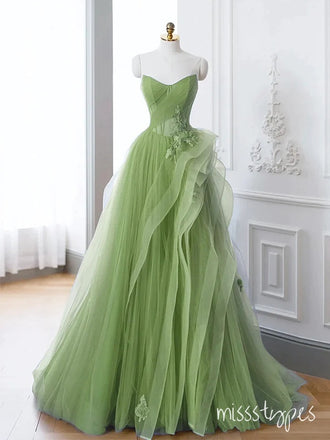 Beautiful Off Shoulder Green Tulle Sweetheart  Floor-Length A-Line Prom Dresses,ZX71