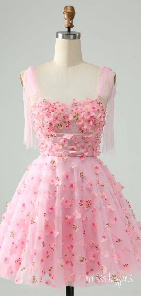 Flower Pink Beautiful Spaghetti Strap Tulle A-Line Mini Homecoming Dresses, HM79