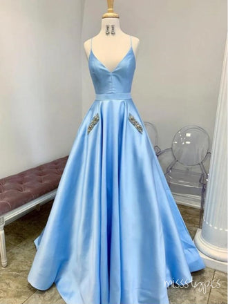 Blue Simple Beading V-Neck A-Line Spaghetti Strap With Trailing Long Prom Evening Dress,ZX296