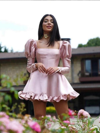 Luxurious New Popular Pink Full Sleeve Ruffle Mini New Arrival Homecoming Dresses,HM140