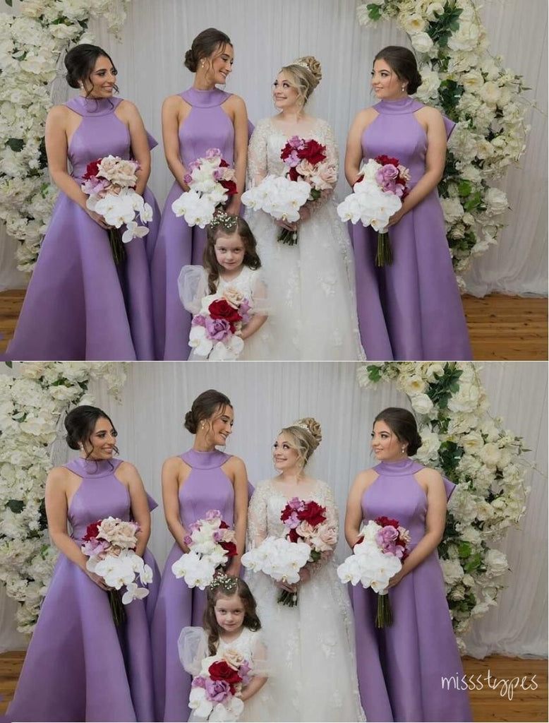 Purple Halter A-Line Women Simple Floor-Length Bridesmaid Dresses Online, BL52