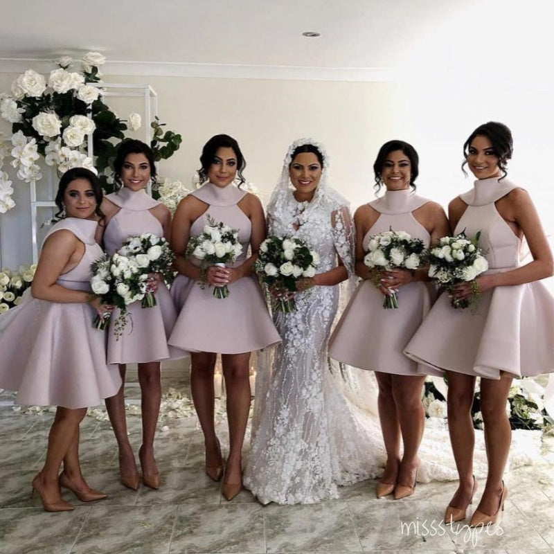 Pink Cute Halter Mini A-Line Bridesmaid Dresses Online, BL70