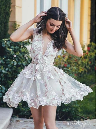 Flower Appliqued Cute Tulle A-Line V-Neck Women Mini Party Homecoming Dresses,HM211