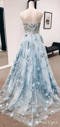Blue Princess Sweetheart Spaghetti Strap Appliqued Floor-Length Mermaid Prom Dresses,ZX69
