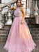 Pink Halter Appliqued A-Line Tulle Sparkly Long Popular Prom Dresses,ZX122