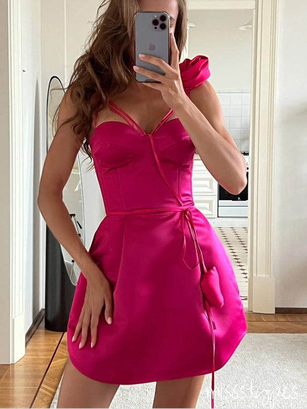 Sexy Hot-Pink Flower Sweetheart Strapless Mini Homecoming Dresses, HM59