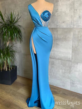Gorgeous Blue Asymmetrical Beaded Side Slit Soft Long Popular Prom Dresses,ZX118