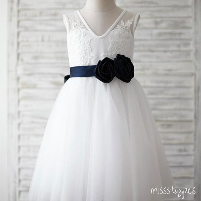 Simple White Appliqued Bow A-Line Tulle Empire Popular Little Flower Girl Dresses, ET37