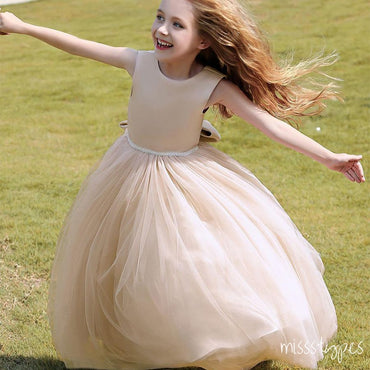 Simple Champagne Sleeveless Beading A-Line Tulle Empire Popular Little Flower Girl Dresses, ET36