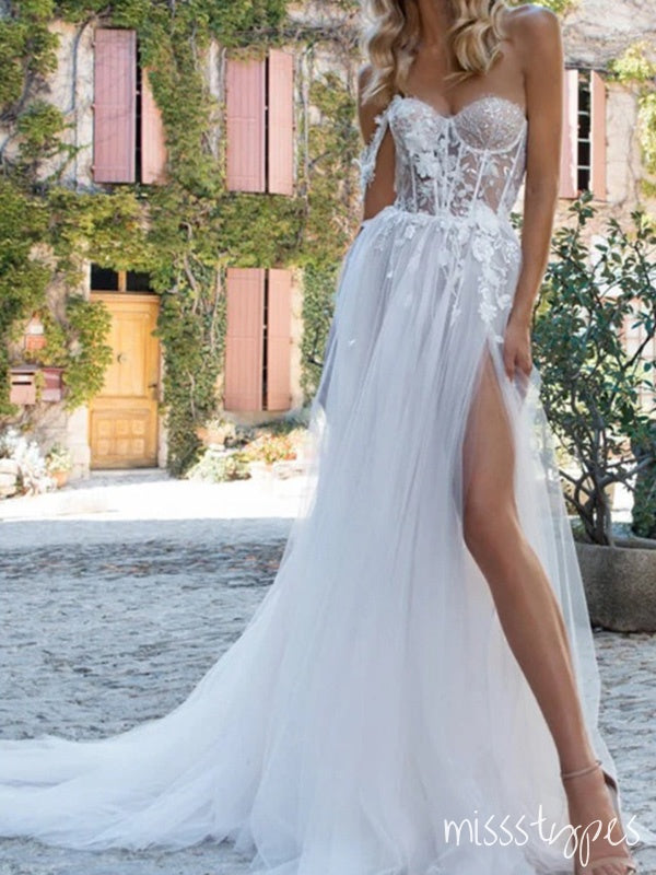 Sexy One Shoulder Appliqued Sweetheart Side Slit A-Line Wedding Dresses HS59