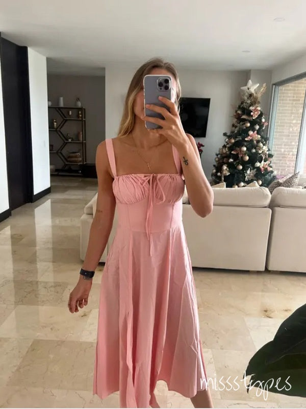 Simple Pink Women Spaghetti Strap Tea-Length Fashion Prom Dresses,ZX100